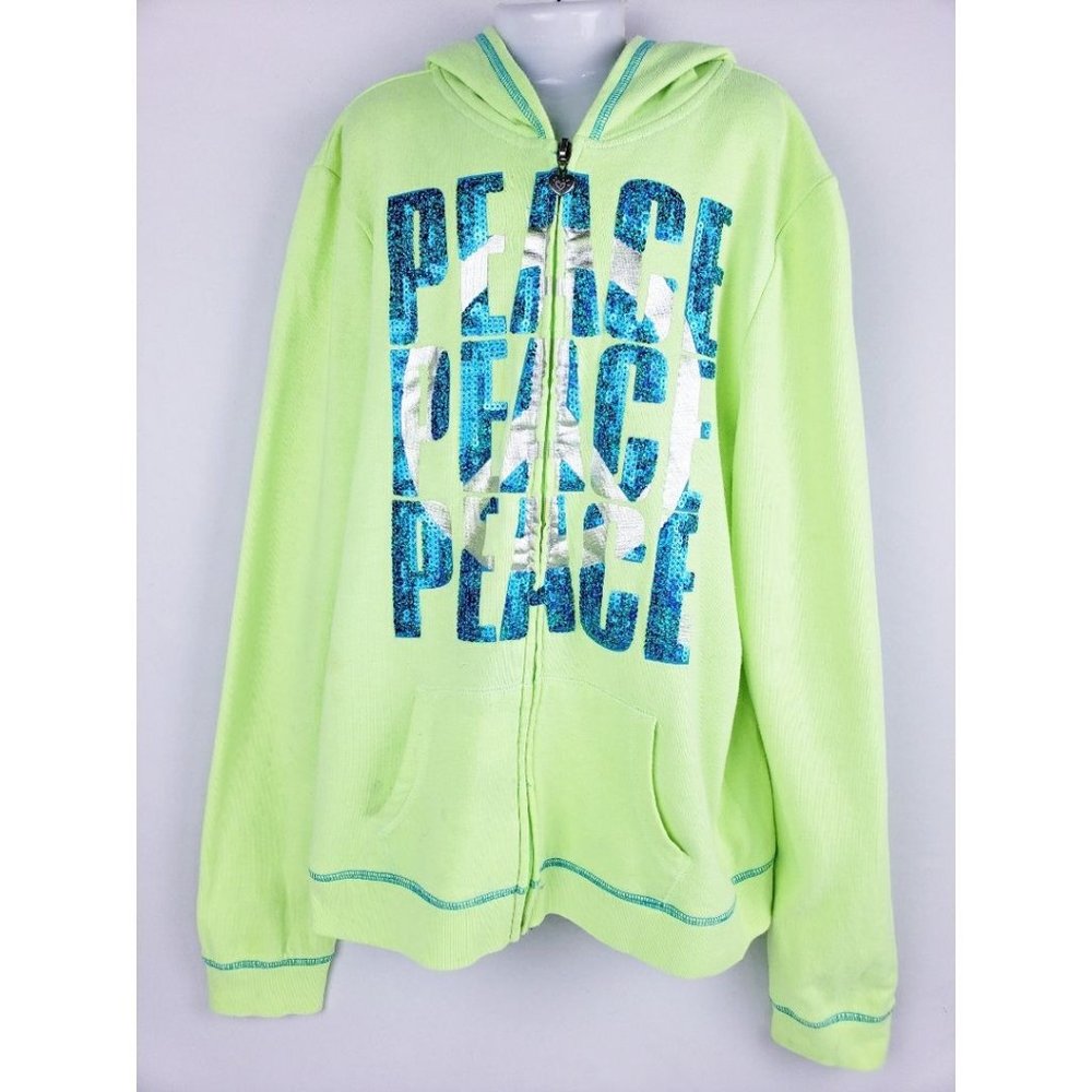 Justice Girls Neon Green Sequined Peace Zip Front Hoodie Size 16